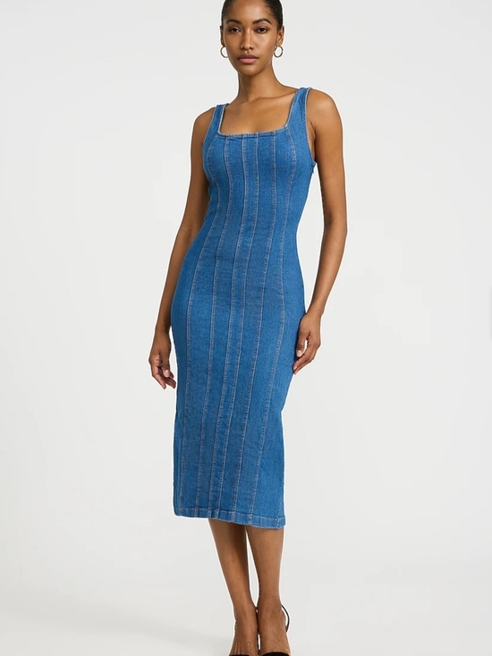 Express Dresses & Skirts - Express Stretch Denim Scoop Neck Seamed Midi Dress